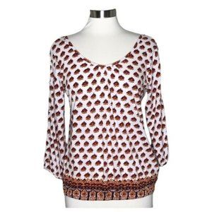 Lucky Brand M button sleeve top medallion print white red